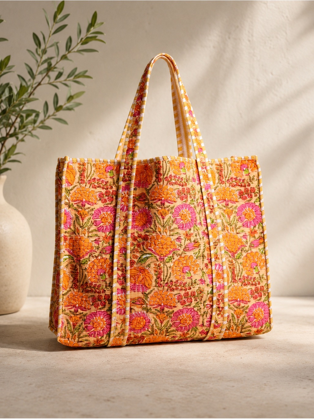 Floral Quilted Tote Bag - Pink & Orange